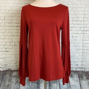 Ann Taylor Red Orange Long Ballon Sleeve Top Medium Elevated Basic Office Work